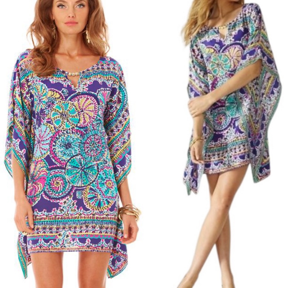 Lilly Pulitzer Lindamarie Silk Beach Plum Skipping Stones Caftan Mini Dress  M/L